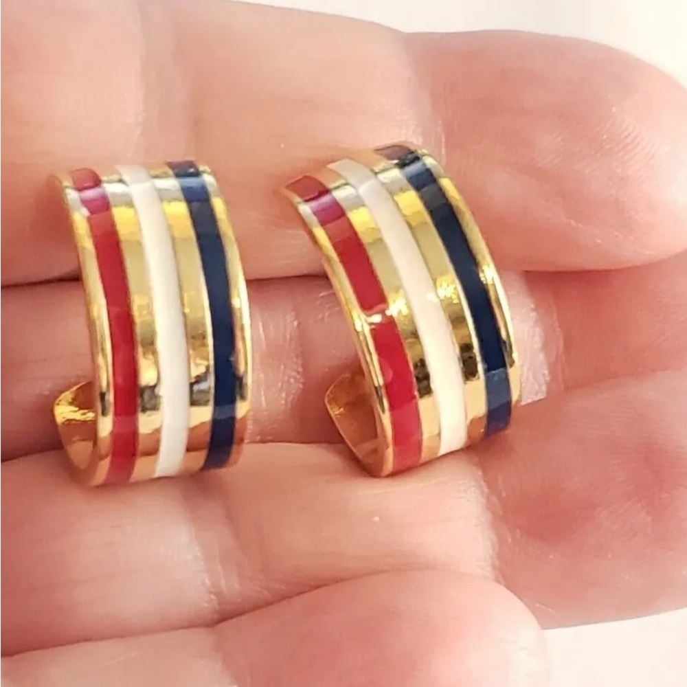 Vintage Hoop Pierced Earrings- Colorful Enameled Earrings-  Red White Bicolor